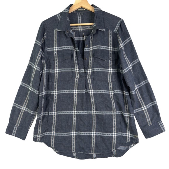 Toad&Co Cotton Blend Relaxed Shirt Blue Plaid Women's Size L 1/2 Snap - Picture 1 of 5